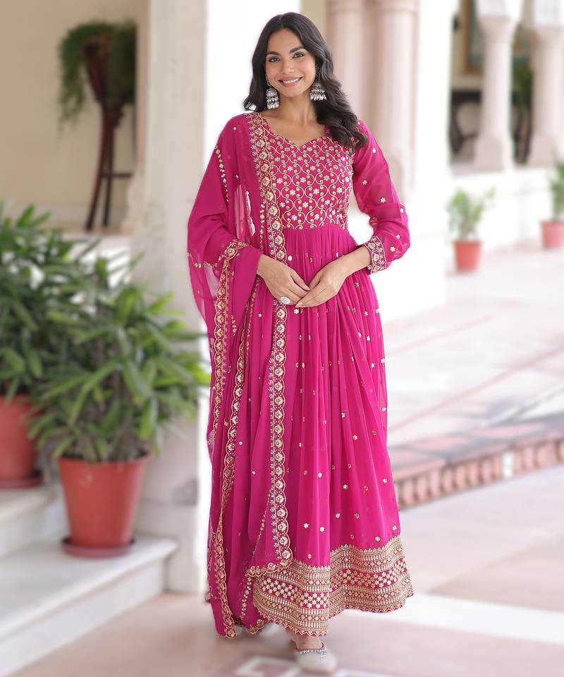 pink faux georgette sequins & zari embroidered gown with dupatta