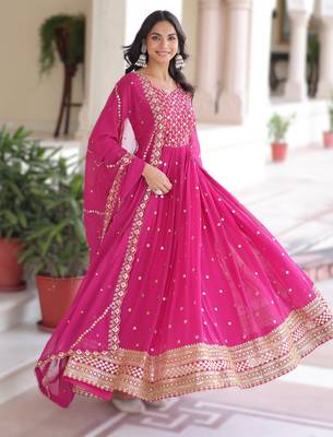 pink faux georgette sequins & zari embroidered gown with dupatta 2