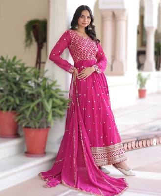pink faux georgette sequins & zari embroidered gown with dupatta 3