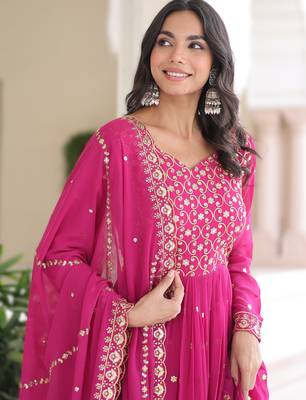 pink faux georgette sequins & zari embroidered gown with dupatta 4
