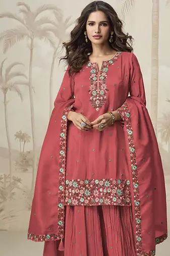 Dark peach roman simar embroidered palazzo suit 