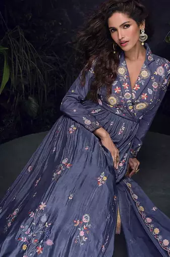 Violet chinon silk embroidered work  gown  