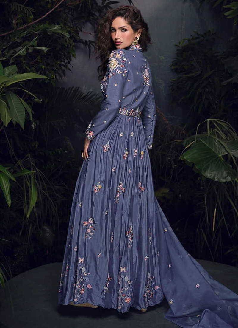 Violet chinon silk embroidered work  gown  