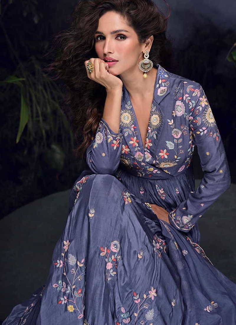 Violet chinon silk embroidered work  gown  