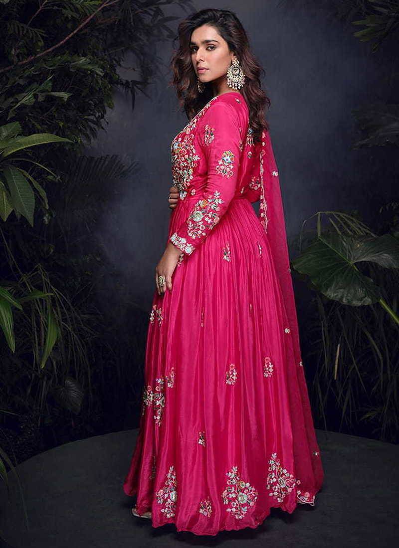Pink chinon silk embroidered work  gown  