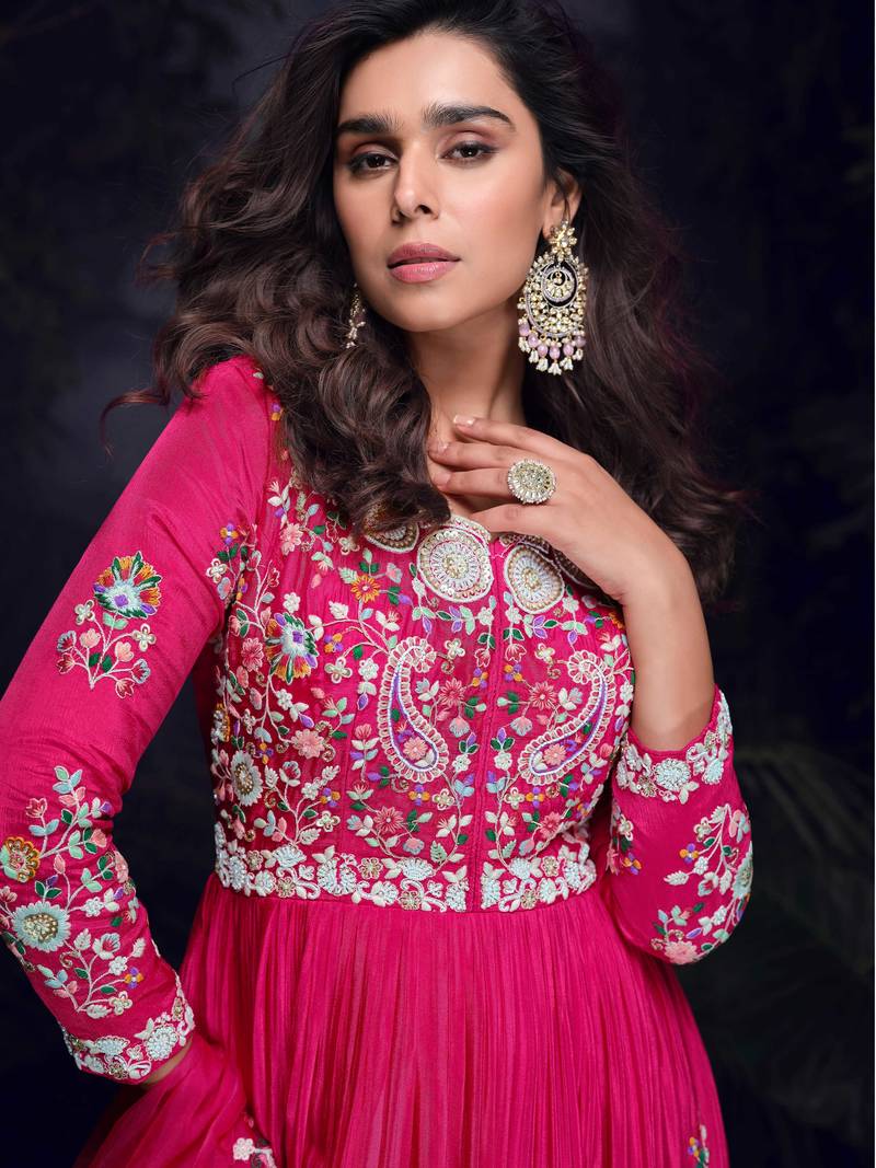 Pink chinon silk embroidered work  gown  