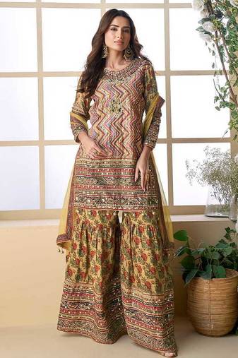 Yellow color crepe sharara suit  
