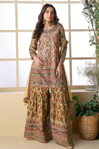 Yellow color crepe sharara suit  