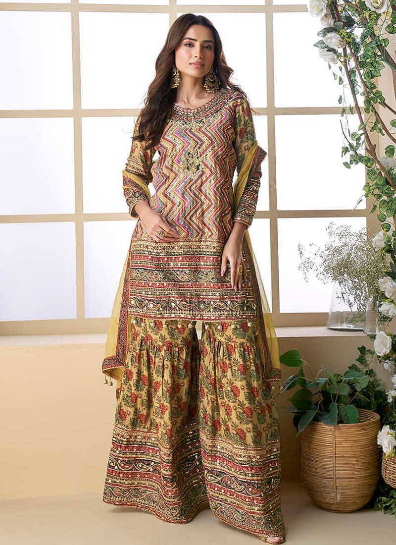 Yellow color crepe sharara suit  