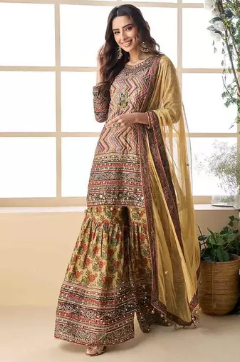 Yellow color crepe sharara suit 