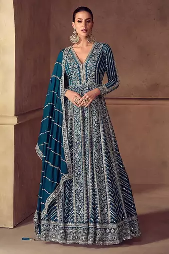 Teal blue chinon silk embroidered work gown  