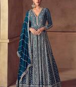 Teal blue chinon silk embroidered work gown  