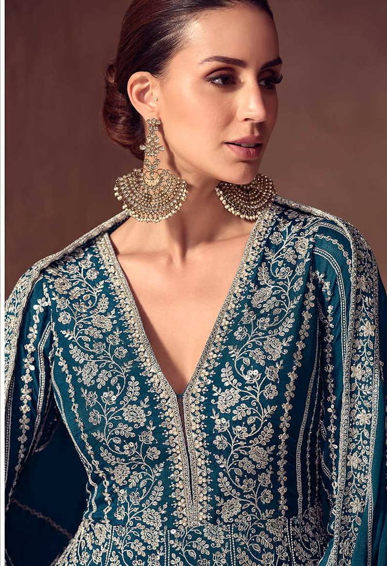 Teal blue chinon silk embroidered work gown  