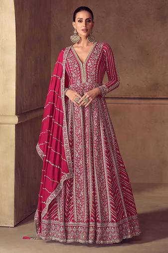 Rani pink chinon silk embroidered work gown  