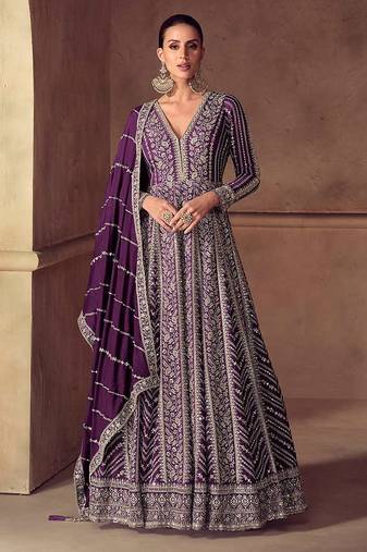 Purple chinon silk embroidered work gown 