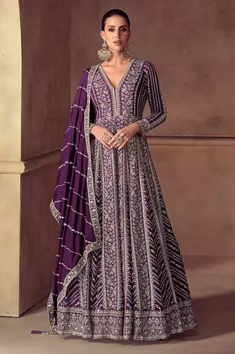 Purple chinon silk embroidered work gown 