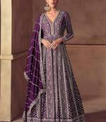 Purple chinon silk embroidered work gown 