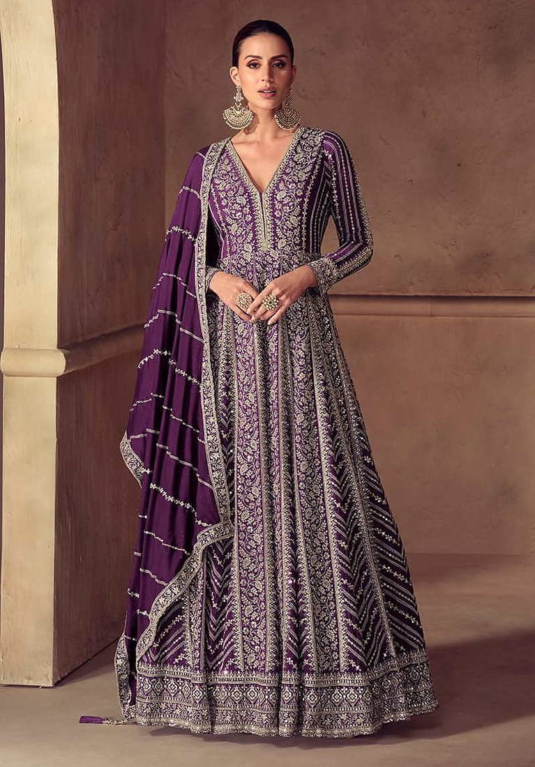 Purple chinon silk embroidered work gown 
