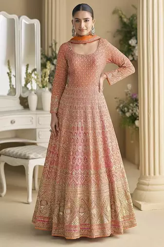 Orange georgette zarkan work gown 