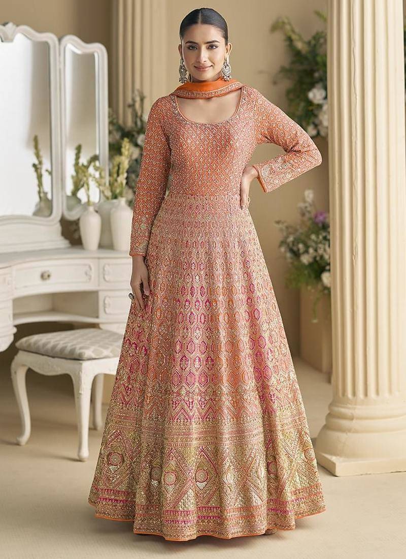 Orange georgette zarkan work gown 