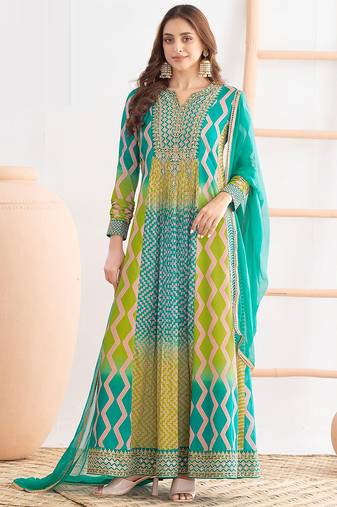 Turquoise chinon embroidered  print long gown 