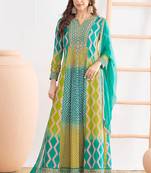 Turquoise chinon embroidered  print long gown 