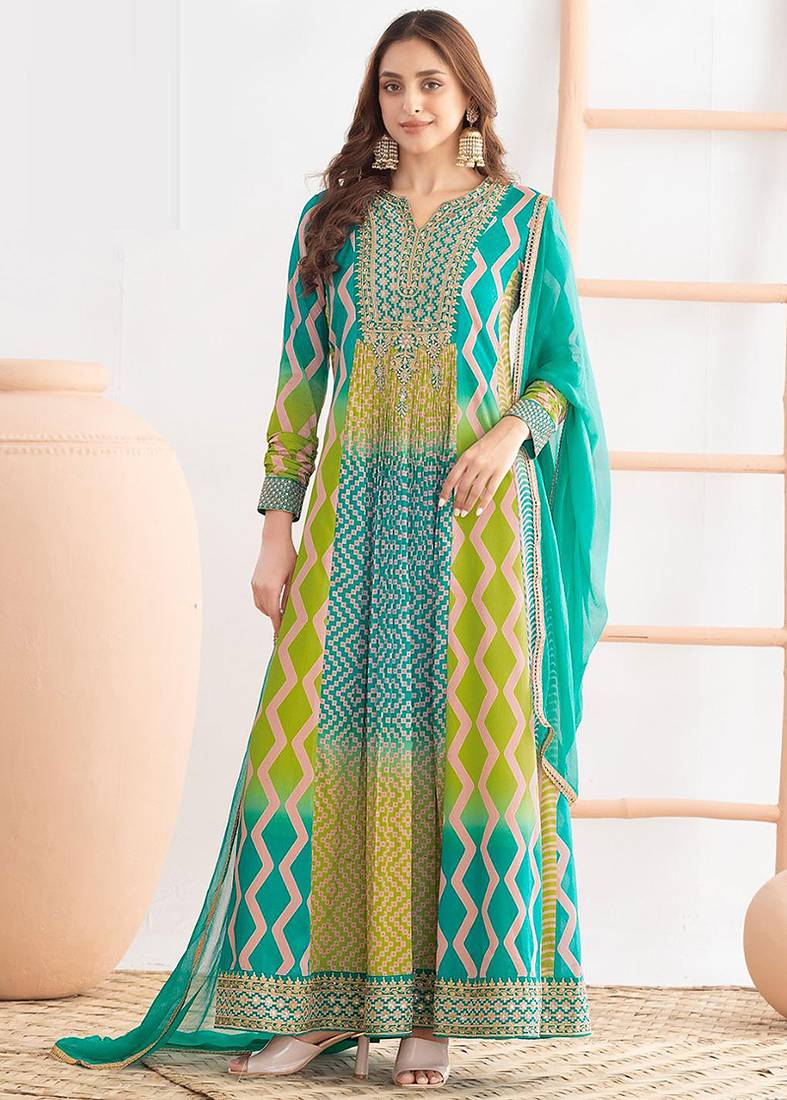 Turquoise chinon embroidered  print long gown 