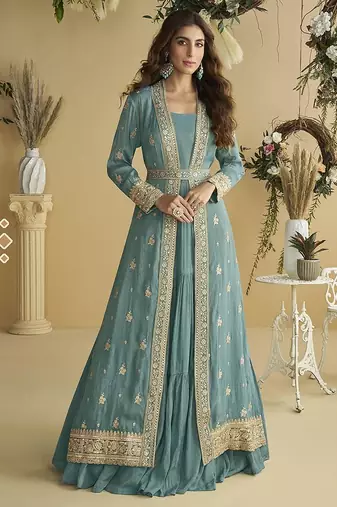 Grey embroidered chinon silk gown 