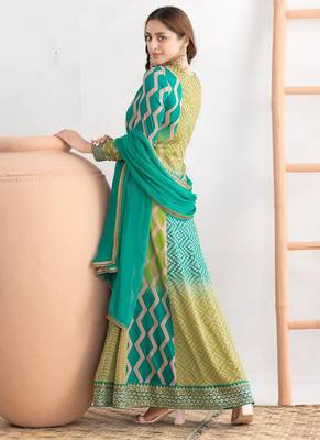 Turquoise chinon embroidered  print long gown  2