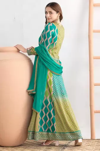 Turquoise chinon embroidered  print long gown 