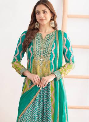 Turquoise chinon embroidered  print long gown  3