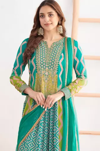 Turquoise chinon embroidered  print long gown 