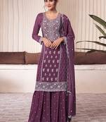 Purple sequin and thread embroidery palazzo suit 