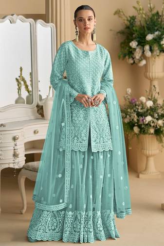 Sky blue color net embroidered palazzo suit 