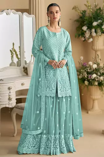 Sky blue color net embroidered palazzo suit 
