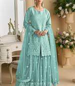 Sky blue color net embroidered palazzo suit 