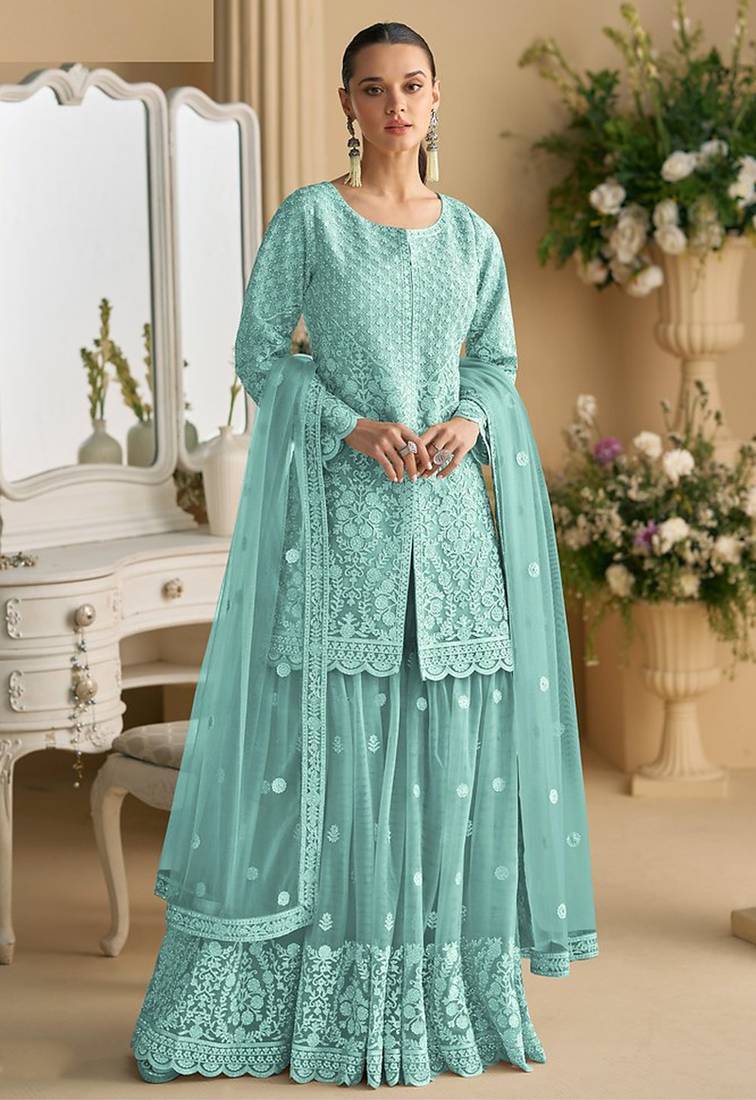 Sky blue color net embroidered palazzo suit 