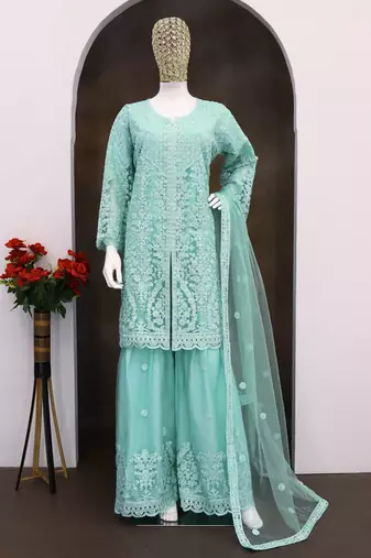 Sky blue color net embroidered palazzo suit 