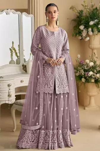 Mauve color net embroidered palazzo suit 