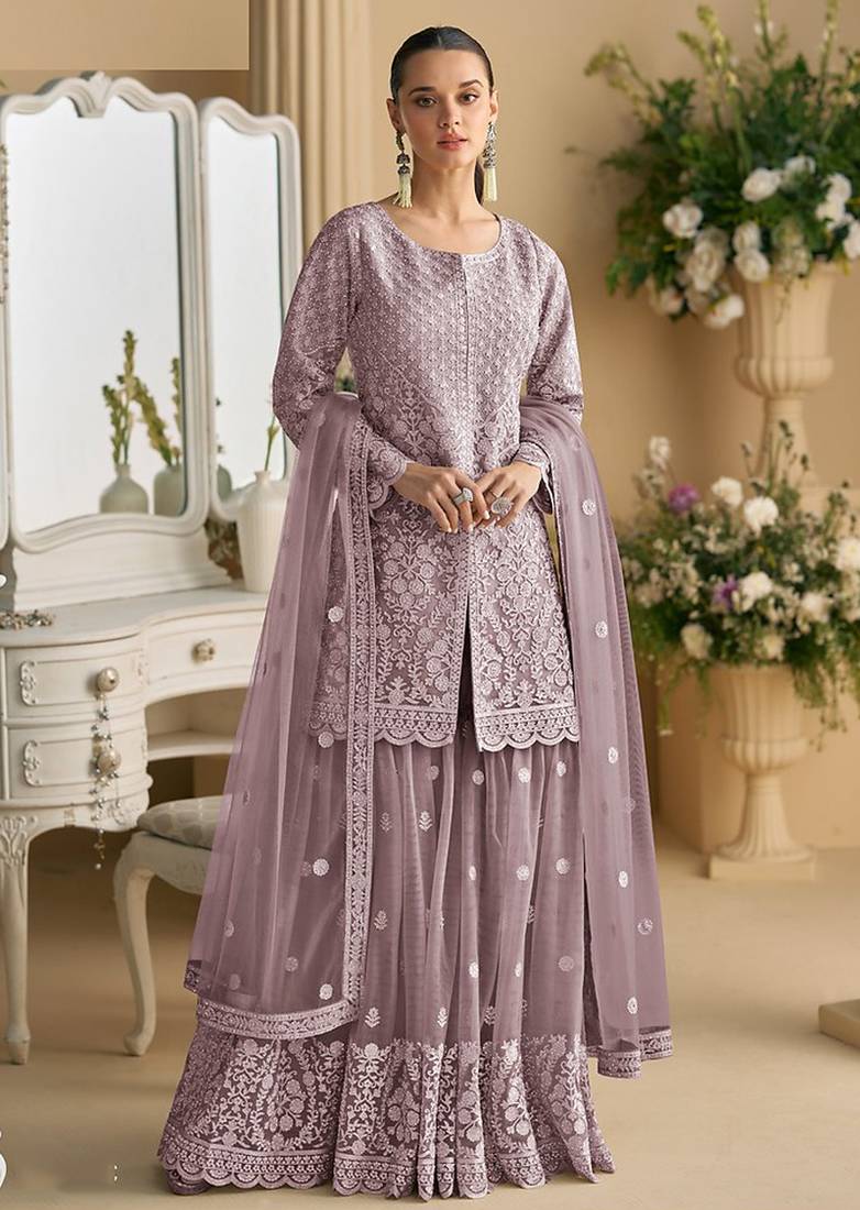 Mauve color net embroidered palazzo suit 