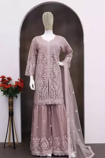 Mauve color net embroidered palazzo suit 