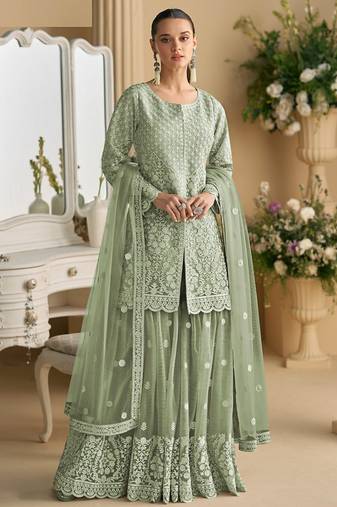 Light green color net embroidered palazzo suit 