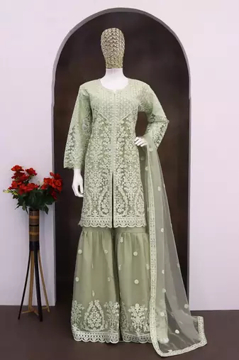 Light green color net embroidered palazzo suit 