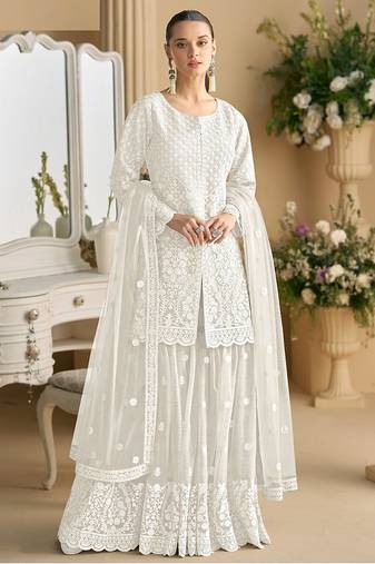 White color net embroidered palazzo suit 