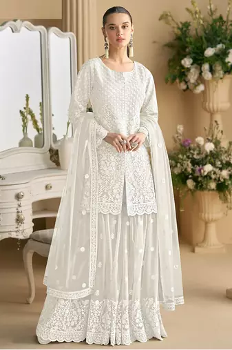 White color net embroidered palazzo suit 