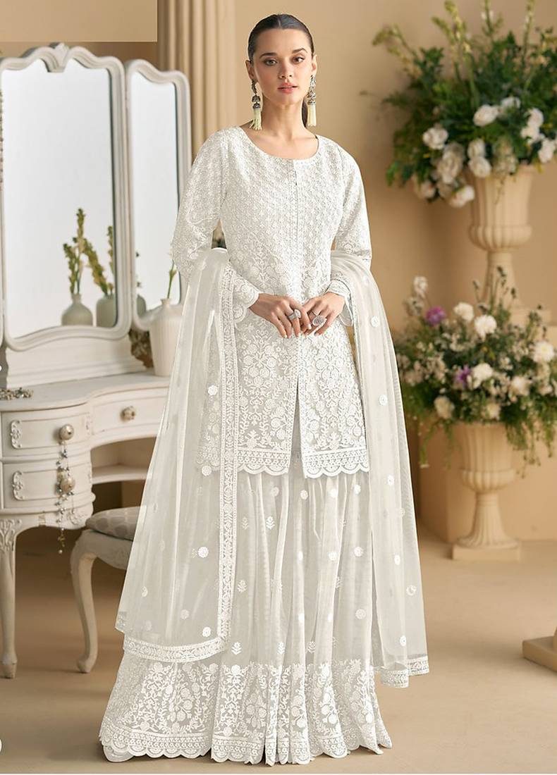 White color net embroidered palazzo suit 