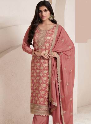 Light red lotus silk jacquard salwar suit 2