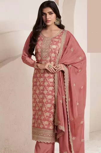 Light red lotus silk jacquard salwar suit