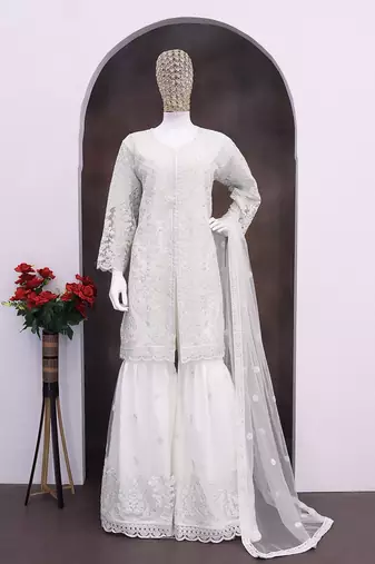 White color net embroidered palazzo suit 