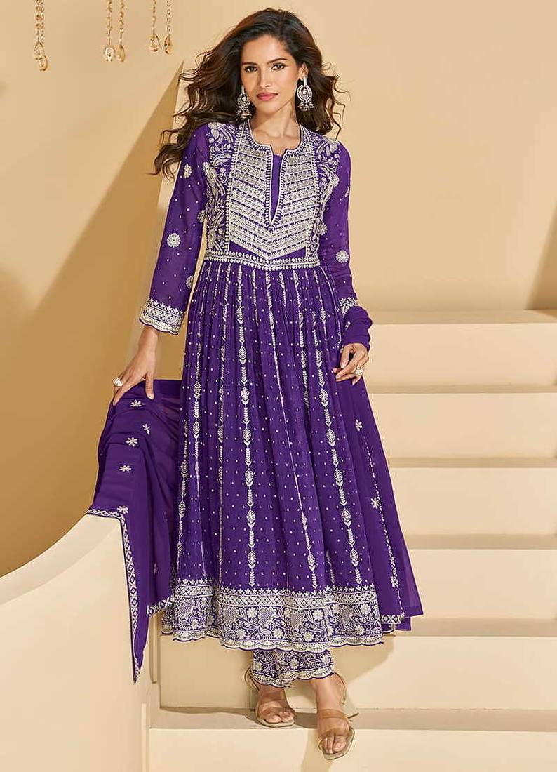 Purple georgette embroidered palazzo suit 